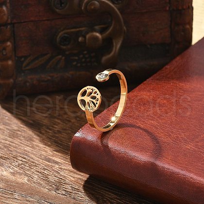 304 Stainless Steel Rhinestone Open Cuff Ring for Women RJEW-F169-01G-07-1