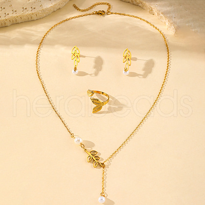 Leaf 304 Stainless Steel with Plastic Pearl Pendant Necklaces & Stud Dangle Earrings & Rings Sets FS-WGEF780-01-1
