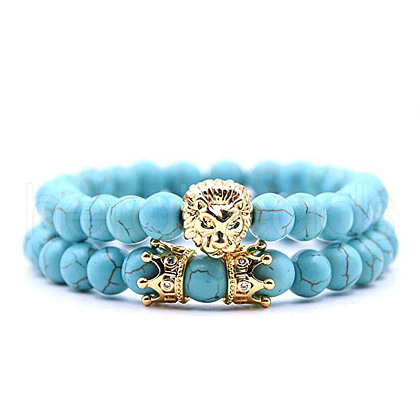 2Pcs Synthetic Turquoise Round Beaded Stretch Bracelets CG7988-9-1