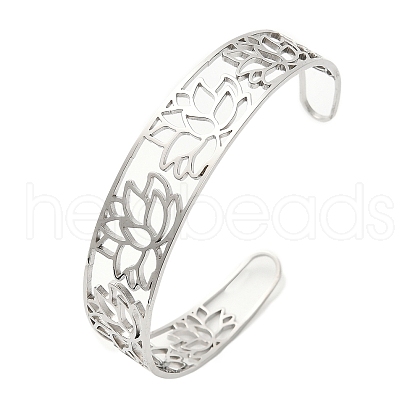 Lotus 304 Stainless Steel Open Cuff Bangle for Woman BJEW-M112-01P-1