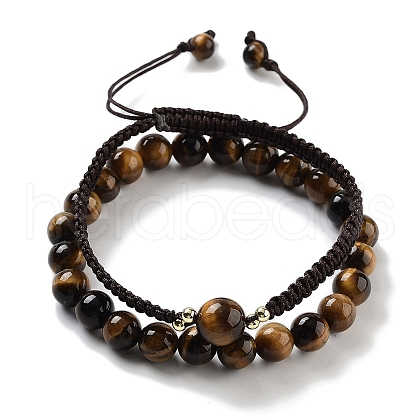 Natural Tiger Eye Round Beaded Stretch Bracelets & Braided Bead Bracelets BJEW-K251-04C-1