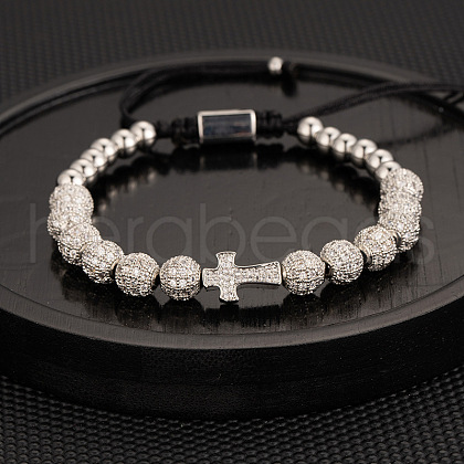 304 Stainless Steel Micro Pave Cubic Zirconia Braided Beads Bracelets WG0F93D-14-1