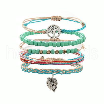 5Pcs Leaf Alloy & Resin & Wax Cord Braided Bead Bracelets & Glass Seed Beads Stretch Set FS-WG10F8B-06-1