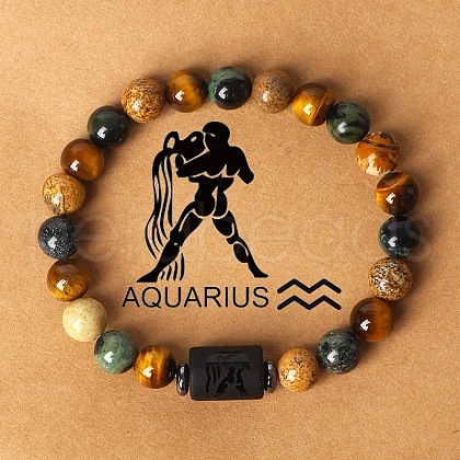 12 Constellations Natural Tiger Eye & Picture Jasper Round Beaded Stretch Bracelets for Men Women WG21EC3-10-1