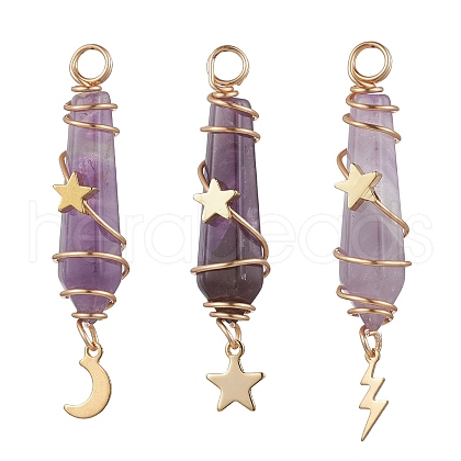 3Pcs 3 Styles Natural Amethyst Pointed Copper Wire Wrapped Faceted Bullet Big Pendants PALLOY-JF03572-03-1