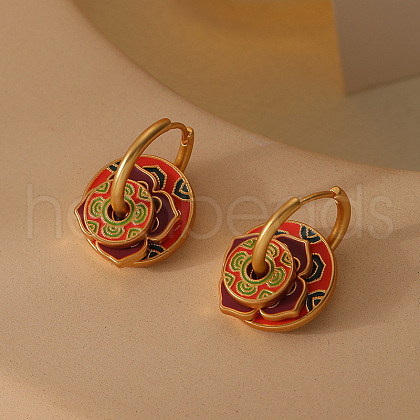 Flat Round with Flower Brass Enamel Hoop Earrings FS-WG5FBC6-01-1