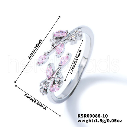 Exquisite Brass Cubic Zirconia Willow Leaf Cuff Rings for Women UN6923-10-1