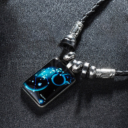 Luminous Alloy Glass Rectangle with Constellation Pendant Black Braided PU Leather Cord Necklaces WGCC9BA-10-1