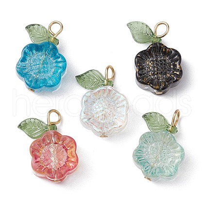Transparent Glass Flower with Acrylic Leaf Pendant PALLOY-JF02258-1