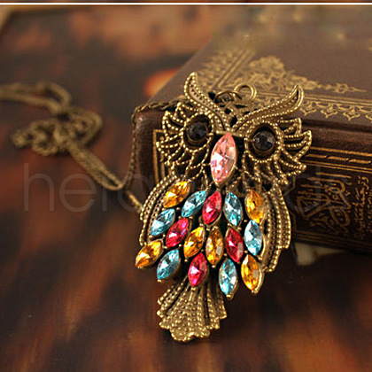 Owl Alloy Colorful Rhinestone Pendant Long Necklaces FS-WGE0302-01-1