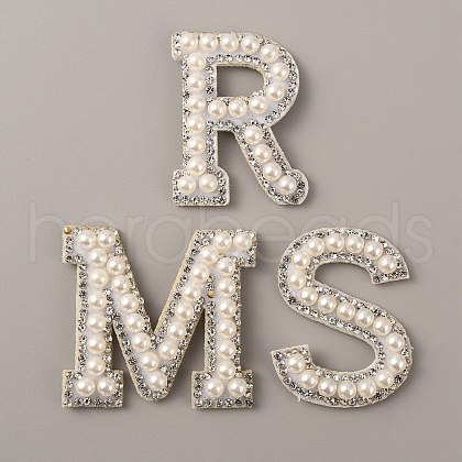 Letter.M/R/S Plastic Imitation Pearl Beaded Iron on Appliques for Wedding PATC-WH0005-03-1