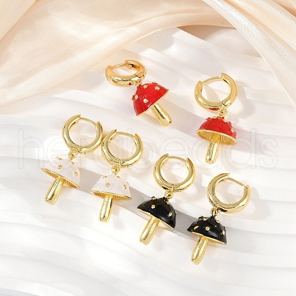 Mushroom Brass Enamel Hoop Earrings EJEW-Z115-07G-1
