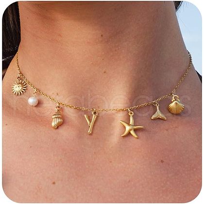 Summer Brass Initial Letter Starfish Shell Shaped Pendant Bib Necklaces for Women FS-WGBCAD2-09-1