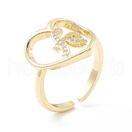 Clear Cubic Zirconia Heart with Rose Cuff Ring RJEW-K235-04G-1