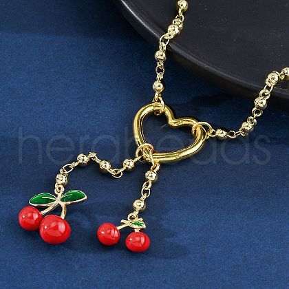 Heart & Cherry Brass Red Enamel Pendant Necklaces for Women NJEW-G162-02G-1