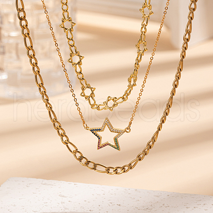 Stainless Steel & Brass Pave Colorful Cubiz Zirconia Star Pendant 3 Layered Hip-hop Fashion Necklaces for Women MU5744-1