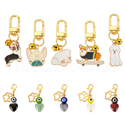 AHADERMAKER 4 Sets 2 Style Natural Gemstone Heart & Enamel Dog Brass Bell Pendant Decorations HJEW-GA0001-39-1