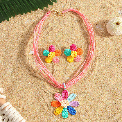 Flower Bohemia Style Raffia Grass Pendant Necklace & Stud Earrings Sets FS-WG35AAC-01-1