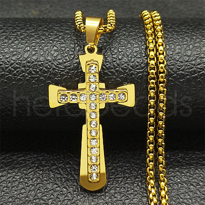 304 Stainless Steel Crystal Rhinestone Religion Cross Pendant Necklaces NJEW-H065-08G-1