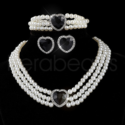 Heart Glass Rhinestone & Plastic Pearl Beaded Necklaces & Stud Earrings & Bracelets Sets FS-WGC950C-03-1