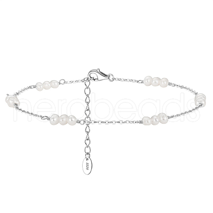 Natural Freshwater Pearl Beaded Link Anklet with Rhodium Plated 925 Sterling Silver Cable Chain for Women AJEW-F162-015P-1