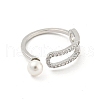 Round Brass Micro Pave Clear Cubic Zirconia with Plastic Pearl Open Cuff Rings RJEW-G309-51P-2