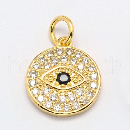 Flat Round with Evil Eye Brass Micro Pave Cubic Zirconia Charms X-ZIRC-F017-07G-1