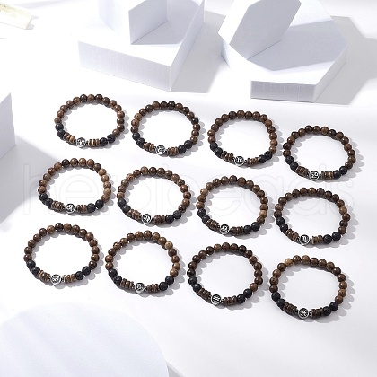 12Pcs 12 Constellations Wenge Wood and Natural Lava Rock Beads Stretch Bracelets BJEW-JB11828-1
