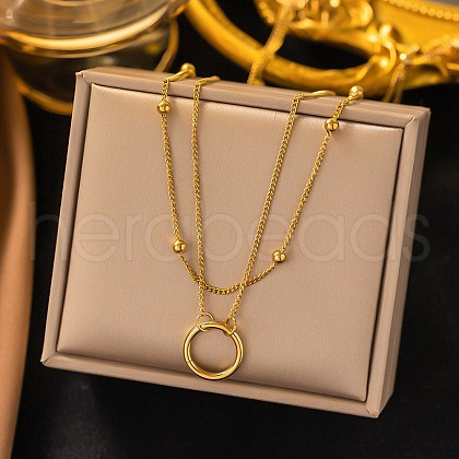 304 Stainless Steel Double Layer Ring Pendant Necklaces for Women Men NJEW-Q028-03G-1
