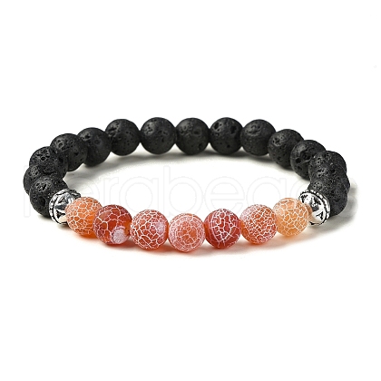 Natural Dyed Crackle Agate & Lava Rock Round Beaded Stretch Bracelet BJEW-TA00444-03-1