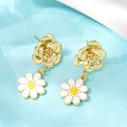 Daisy Flower Brass Dangle Stud Earrings EJEW-S277-04G-1