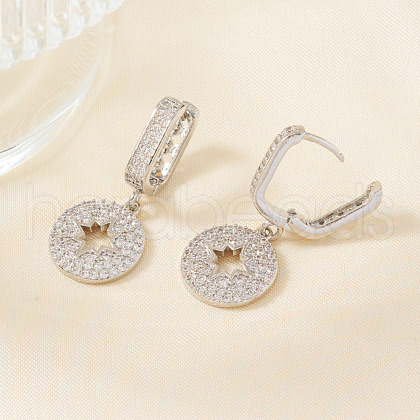 Valentine's Day Brass Clear Cubic Zirconia Flat Round with Hollow Star Hoop Earrings MG0882-1-1