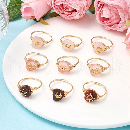 Brass & Cherry Quartz Rose Quartz Natural Red Rainbow Jasper Finger Rings for Women RJEW-JR00872-1