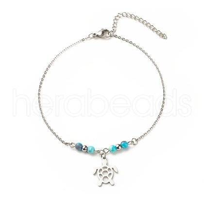 304 Stainless Steel Turtle Charm Anklet with Round Natural White Jade Beads for Women AJEW-AN00498-04-1