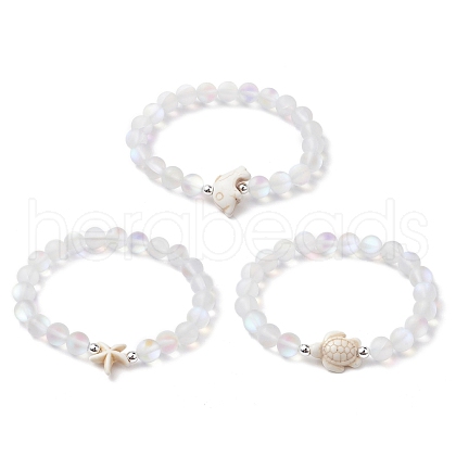 3Pcs Beach Dolphin & Turtle & Starfish Dyed Synthetic Turquoise Bead Bracelets BJEW-JB10251-1