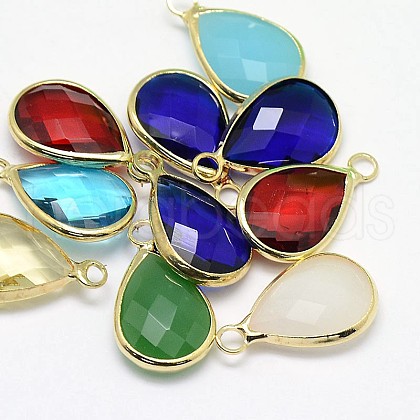 Golden Tone Brass Glass Teardrop Pendants GLAA-J017A-G-1