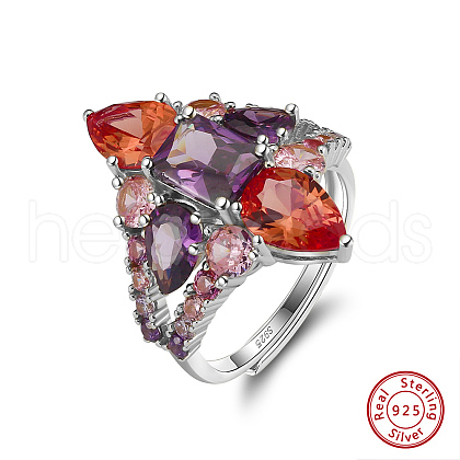 Summer Rhodium Plated 925 Sterling Silver Micro Pave Cubic Zirconia Flower Adjustable Rings for Women RJEW-K274-11P-1