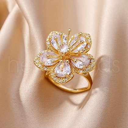 Brass Pave Clear Cubic Zirconia Cuff Rings for Women RJEW-S621-01G-1