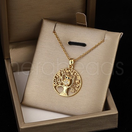 Owl Tree of Life Brass Micro Pave Clear Cubic Zirconia Pendant Necklaces for Women FS-WG4E6A1-01-1