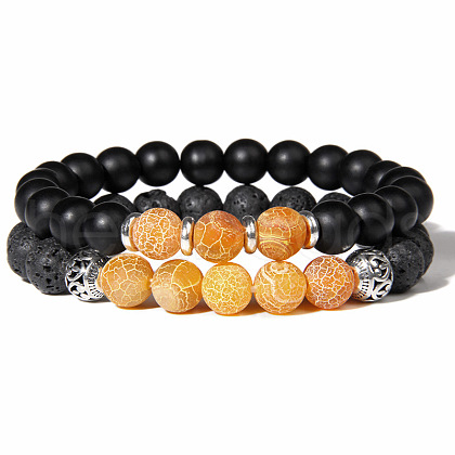 Natural Lava Rock & Frosted Stone Round Beads Stretch Bracelet Set Women DF9720-6-1