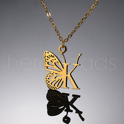 304 Stainless Steel Butterfly Initial Pendant Necklaces WG80197-11-1