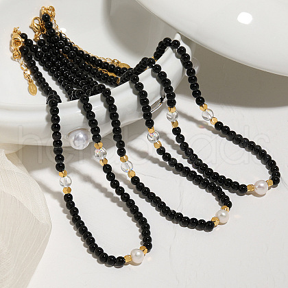 Elegant Round Natural Black Onyx(Dyed & Heated) & Glass & Freshwater Pearl Beaded Necklaces WB9753-1