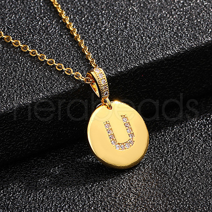 Brass Micro Pave Clear Cubic Zirconia Flat Round with Letter Pendant Necklaces FS-WG00655-21-1