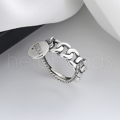 Flat Round Curb Chain 925 Sterling Silver Adjustable Finger Rings for Women FS-WG6366E-01-1