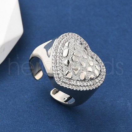 Heart Brass Micro Pave Cubic Zirconia Cuff Rings for Women RJEW-A069-08P-1