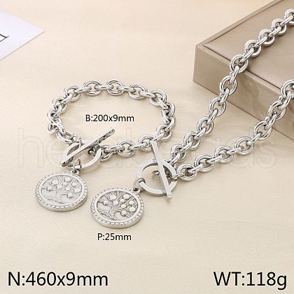 Flat Round 304 Stainless Steel Pendant Necklace & Charm Bracelet FS-WG2A73C-03-1