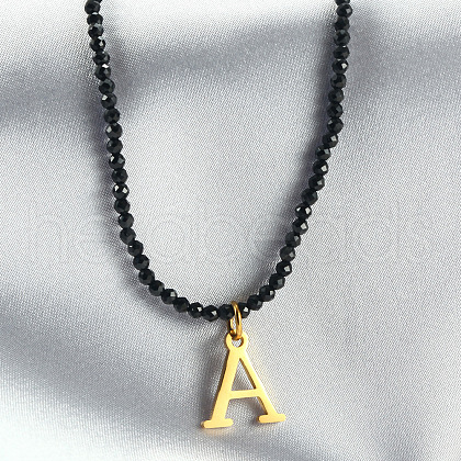 304 Stainless Steel Initial Pendant Black Glass Faceted Round Beaded Pendant Necklaces for Women FS-WGC61DE-01-1