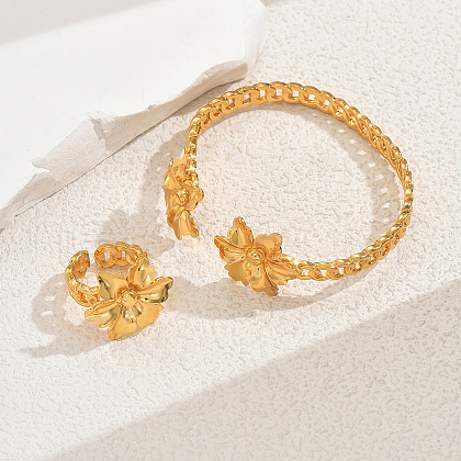Elegant Brass Flower Cuff Ring & Bangle Set for Women DS4683-1