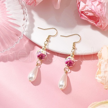 Round with Flower Pattern Porcelain Ceramic Dangle Earrings EJEW-JE06347-04-1