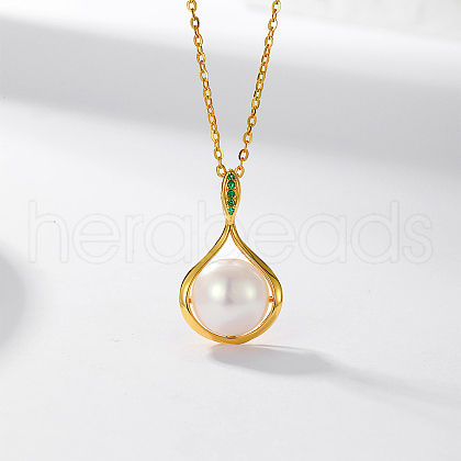 Elegant 925 Sterling Silver & Natural Freshwater Pearl Teardrop Pendant Necklaces with Green Cubic Zirconia GY1766-1
